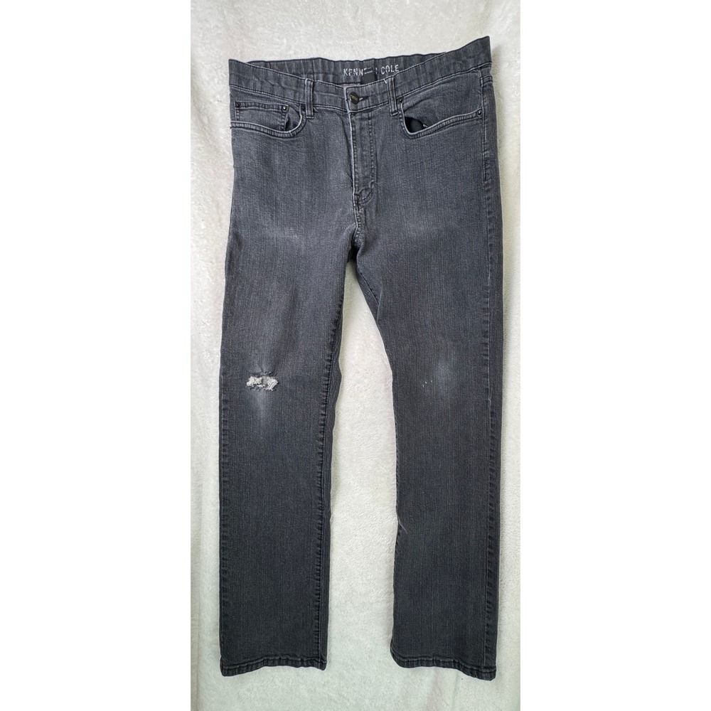 Kenneth Cole New York Mens Jeans 34x32 Dark Gray Wash Distressed Straight Fit